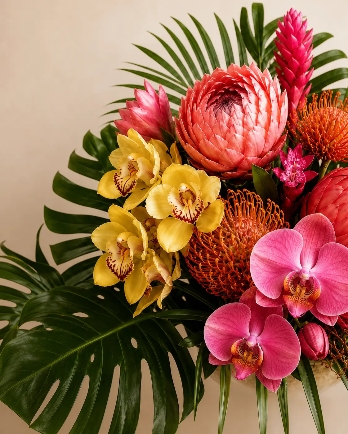 A colorful tropical arrangement with pink and yellow orchids, coral protea, and tropical foliage