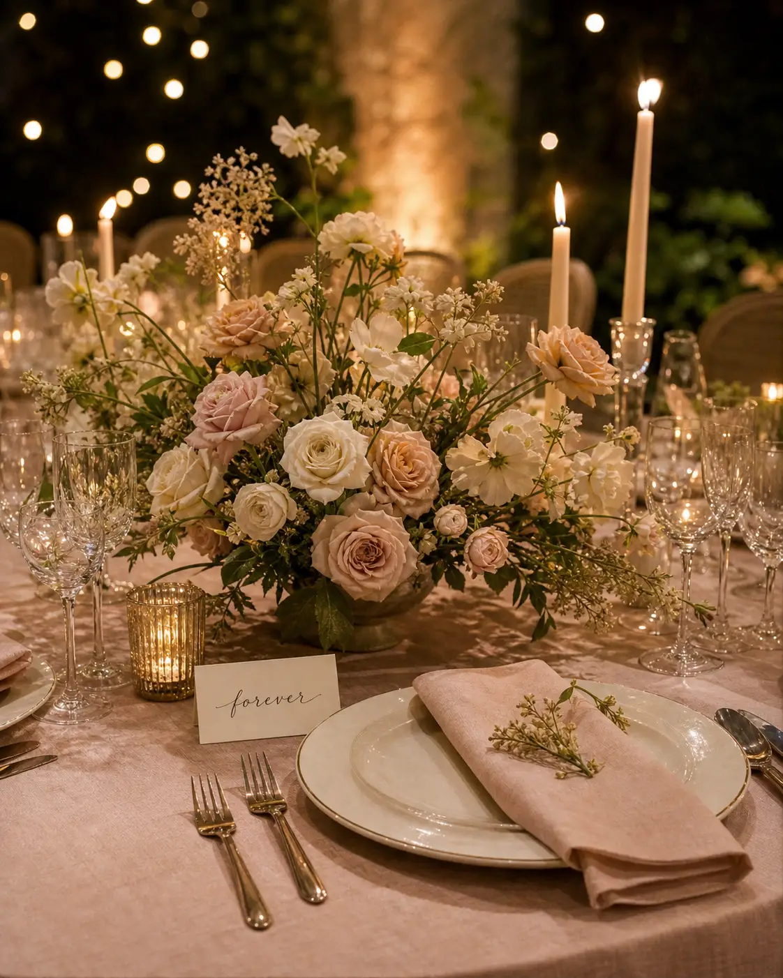 A candlelit wedding table with blush flowers, crystal glassware, and a handwritten place card