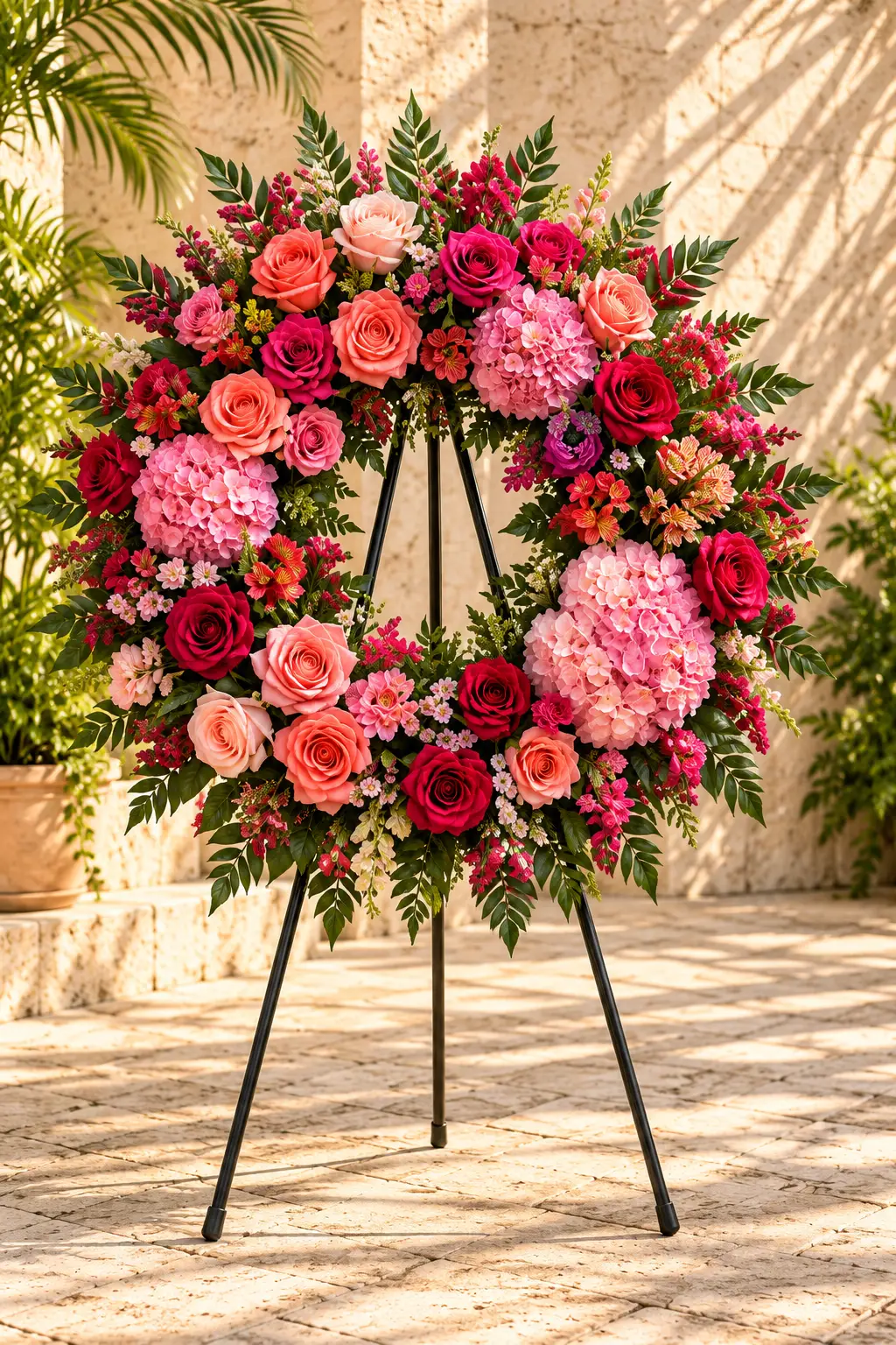 A circular wreath of coral, fuchsia and deep red flowers on a black easel in a warm stone courtyard