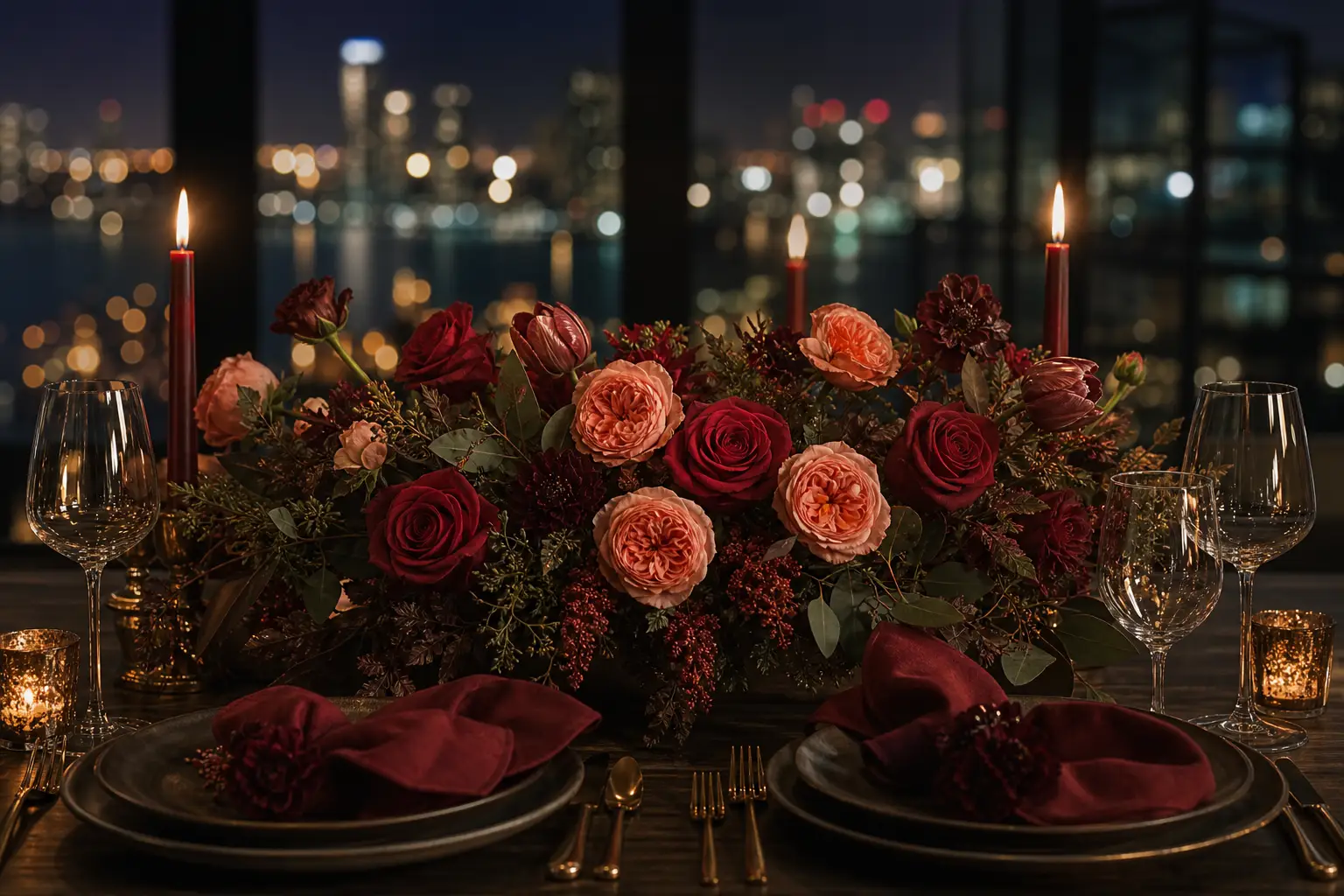 A rich red and coral floral centerpiece on a candlelit anniversary dinner table