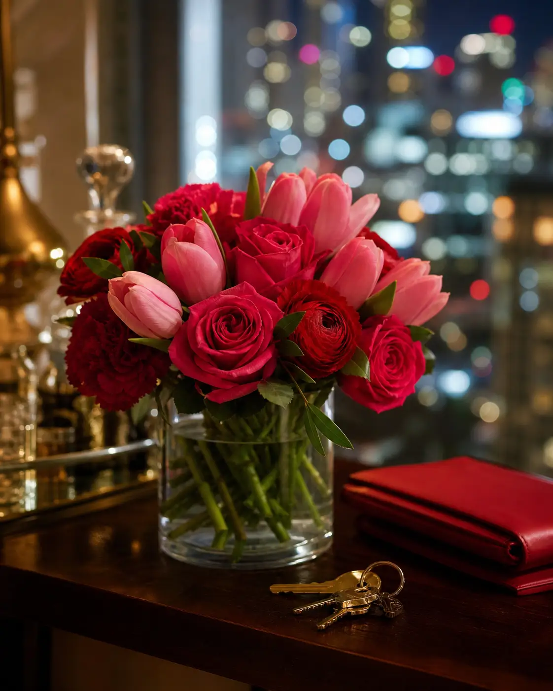 Pink tulips and roses on an apartment bar before a date night