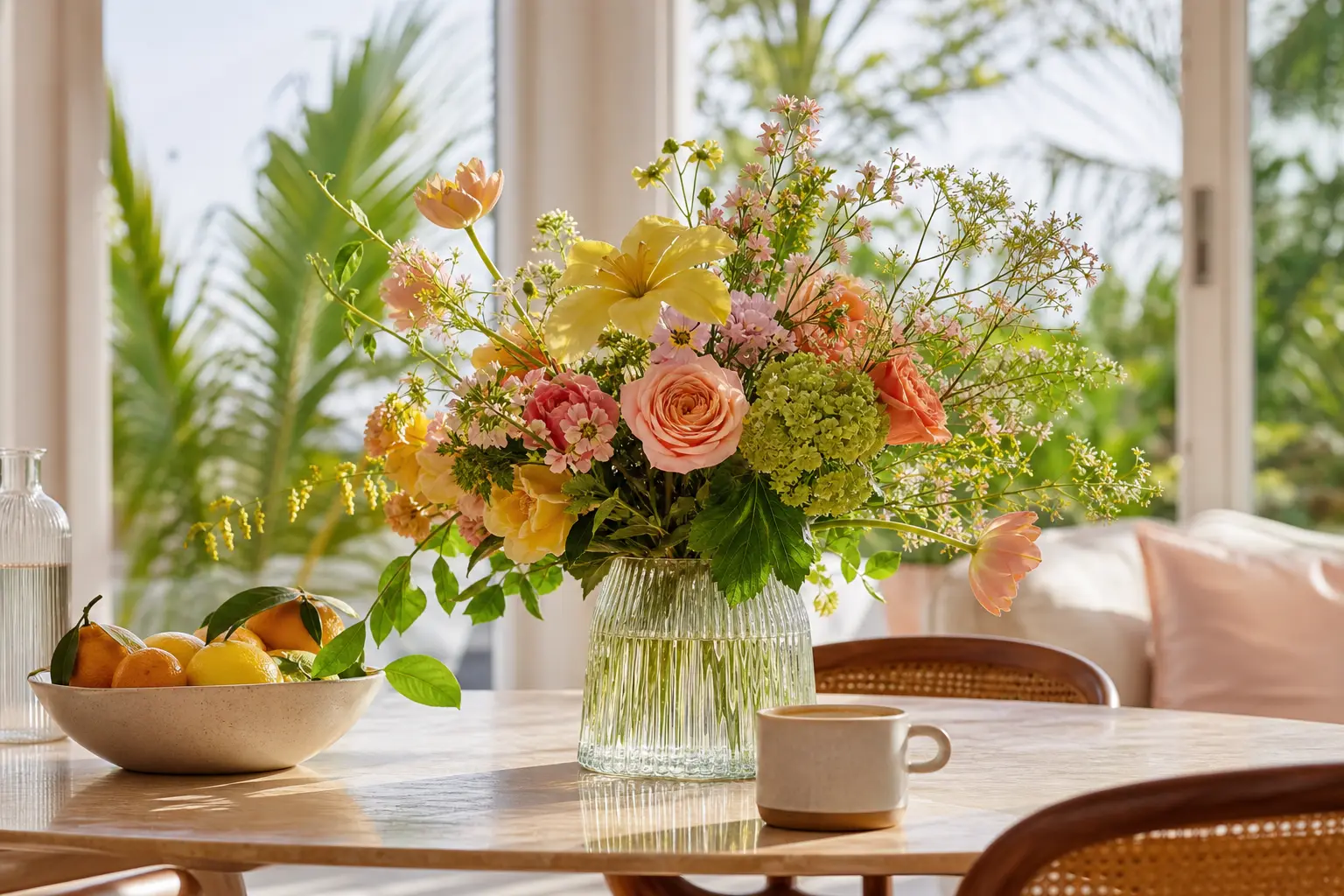 A loose peach, pink and yellow flower arrangement in a clear vase on a sunlit table beside citrus and a coffee cup