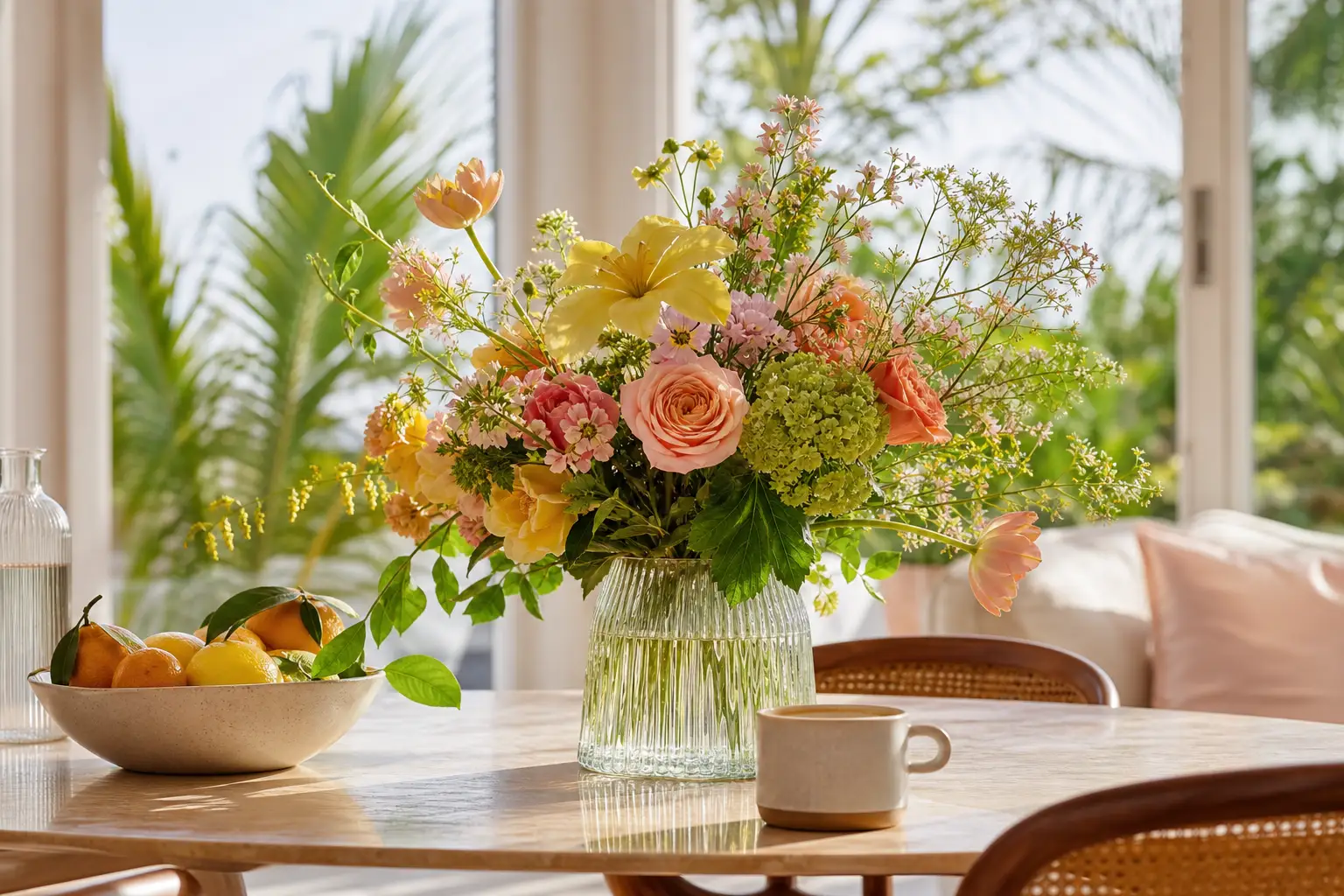 A bright mixed bouquet on a sunlit breakfast table
