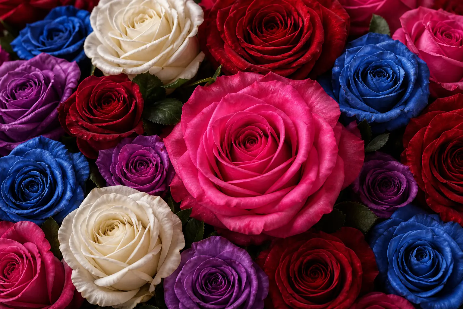 Un arreglo de rosas rojas, fucsias, blancas, azules y moradas