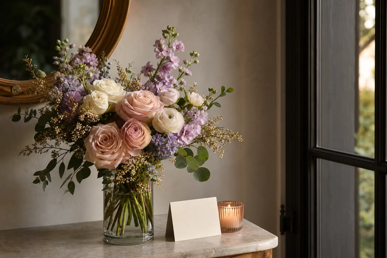 Soft blush, cream, and lavender flowers with a blank card on an entryway table