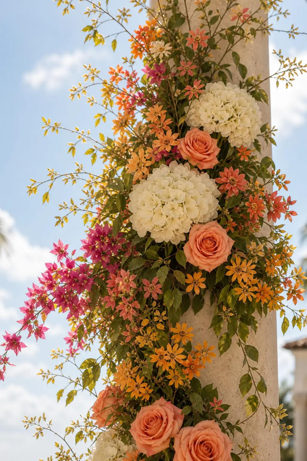 Rosas coral, flores magenta y marfil, y follaje ligero que ascienden por una columna de piedra caliza