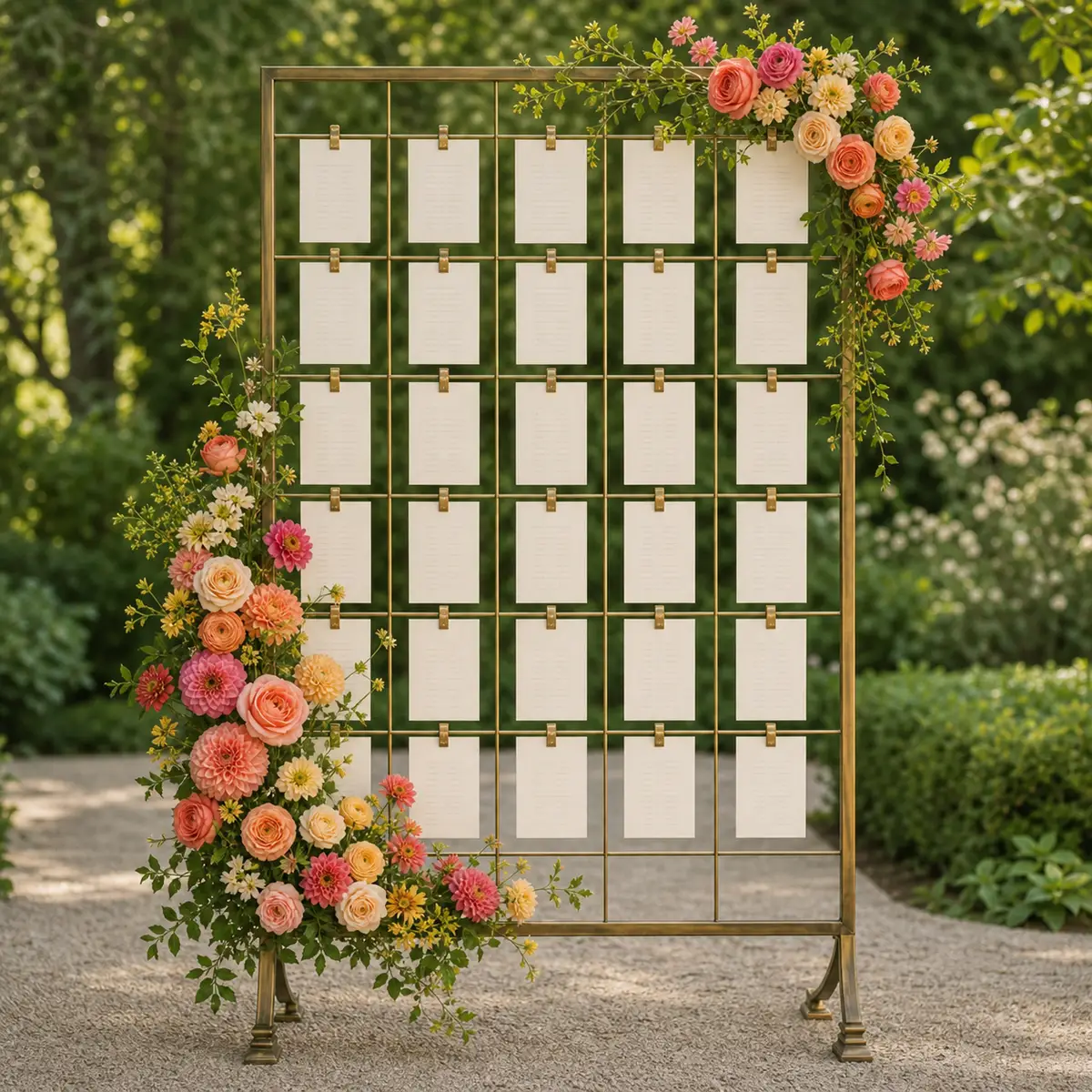 A reception seating display with rows of cards framed by coral, yellow, ivory, and pink flowers