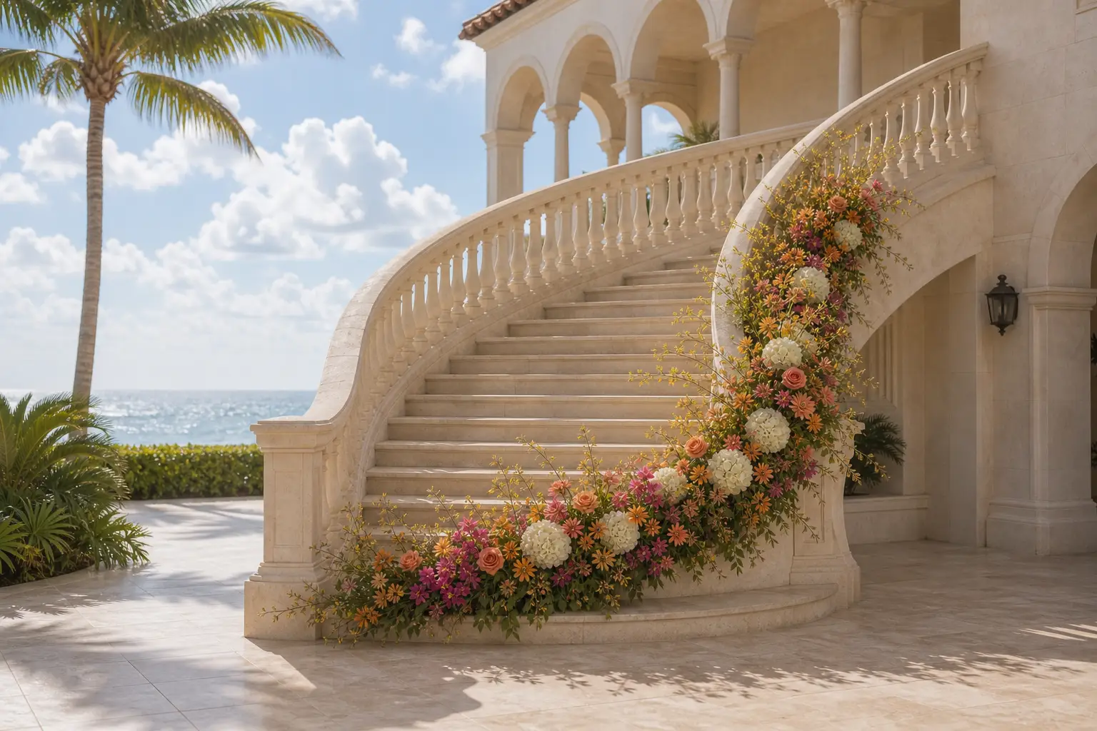 Flores que siguen la curva de una escalera de piedra clara sin ocultar su arquitectura
