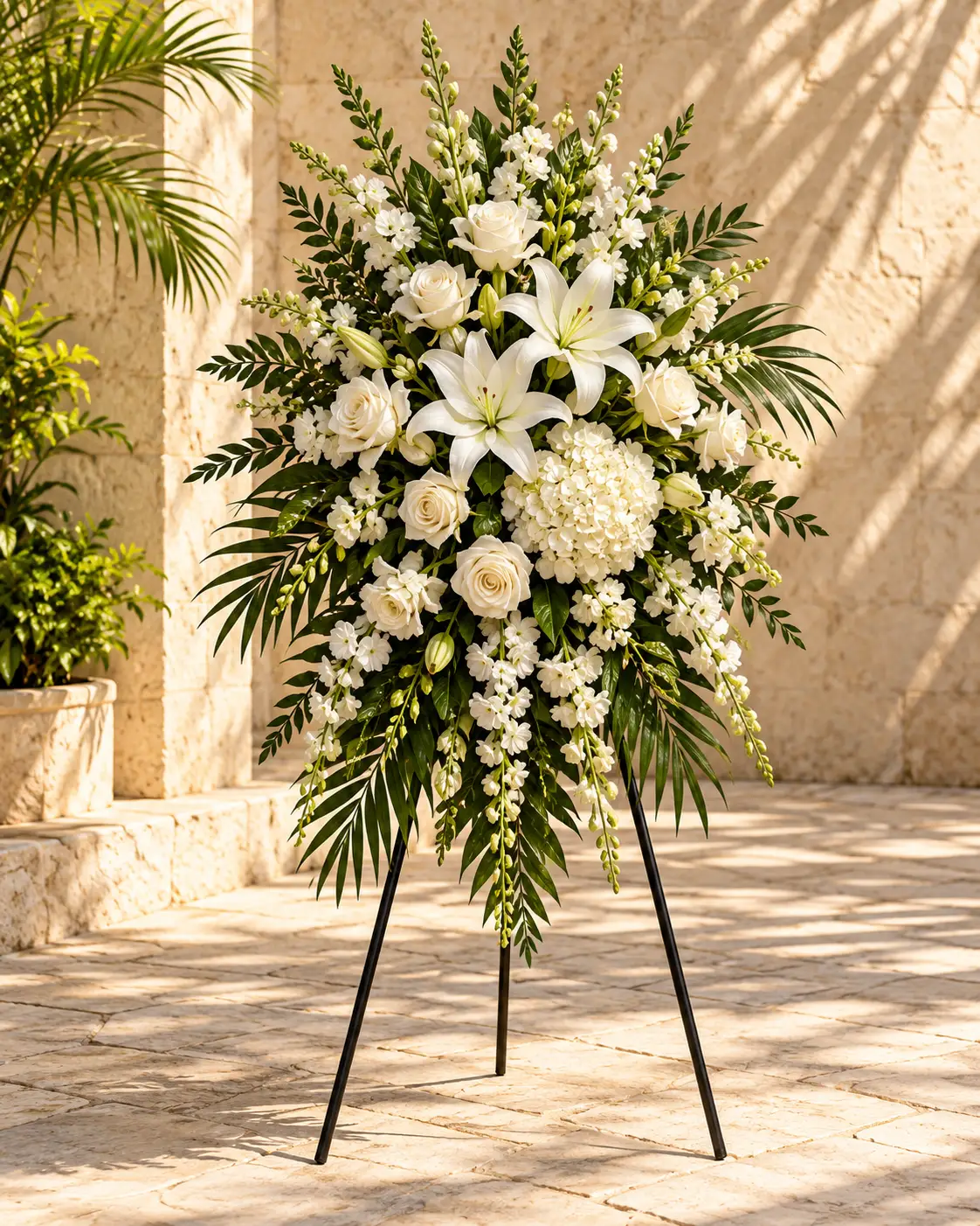 White lilies, roses and hydrangeas arranged vertically on a black easel in a sunlit courtyard