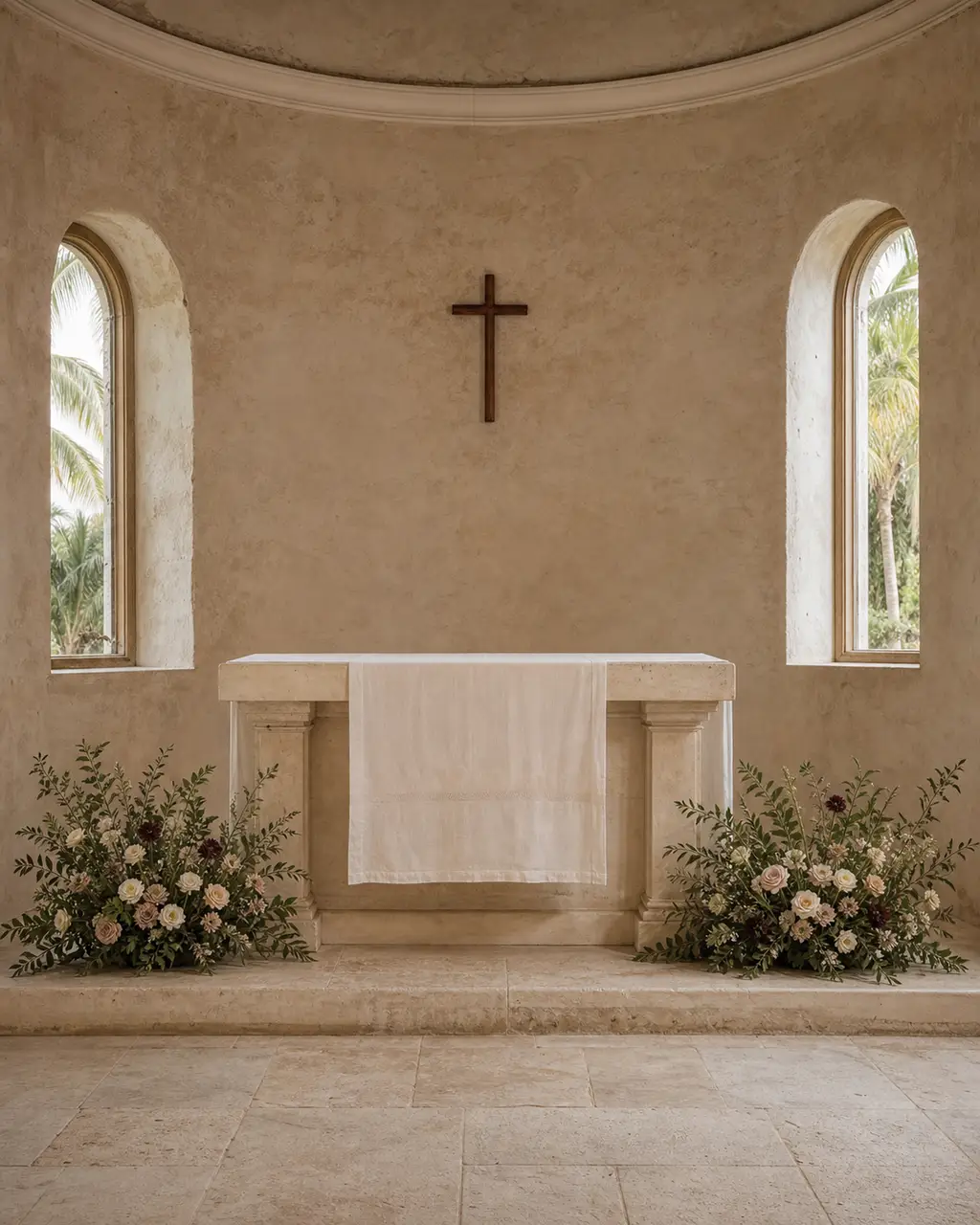 Arreglos florales bajos que enmarcan un altar de capilla y mantienen despejada la vista central