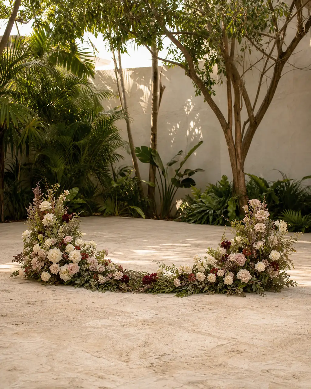 Un arco floral escultural y bajo construido desde el suelo con espacio abierto en el centro