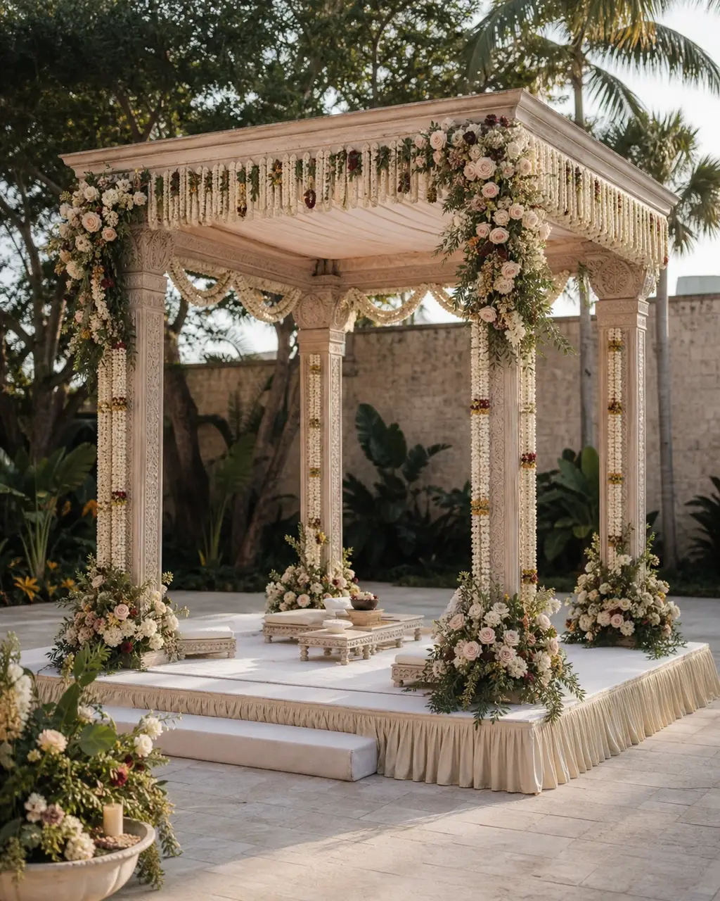 Un mandap de cuatro columnas con dosel superior y diseño floral culturalmente distintivo