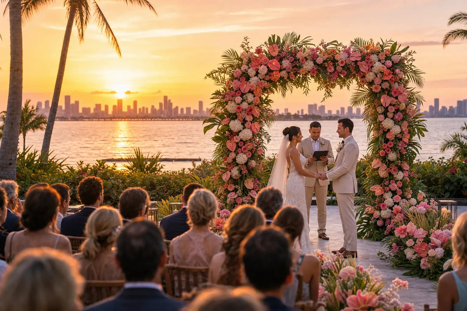 Una pareja bajo un arco floral tropical durante una ceremonia frente al agua al atardecer