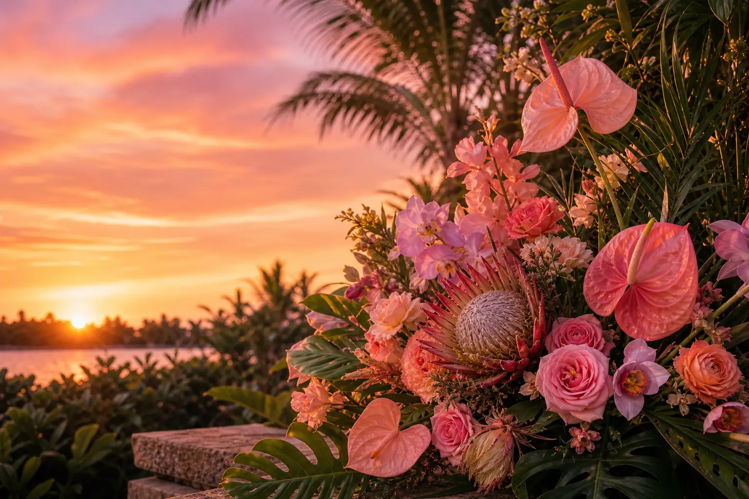 Un arreglo tropical de flores rosa rubor, coral y fucsia al atardecer
