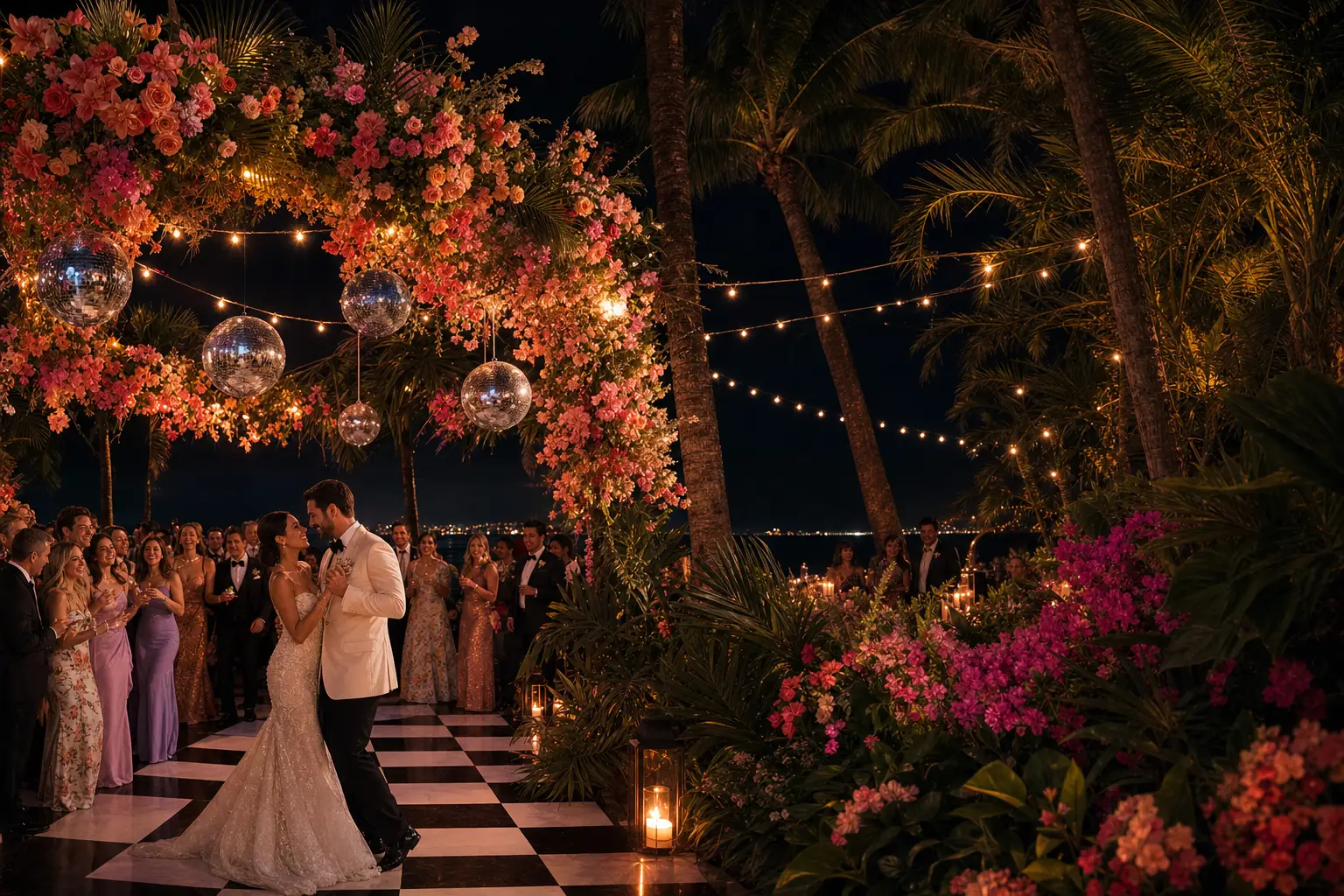 A couple dancing beneath a large suspended floral installation at night