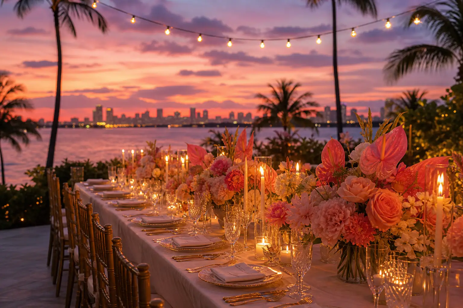 A candlelit wedding dinner with tropical flowers beside the water at sunset