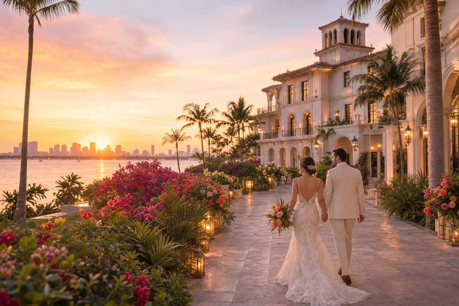 Una pareja recién casada camina junto a una finca tropical frente al agua al atardecer
