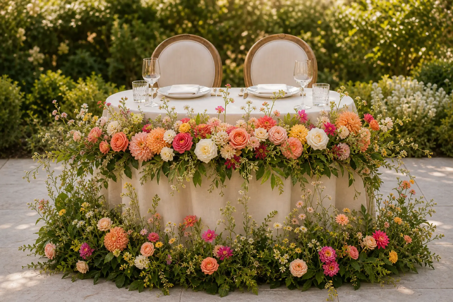 A sweetheart table for two framed by a colorful low floral meadow in a sunlit garden