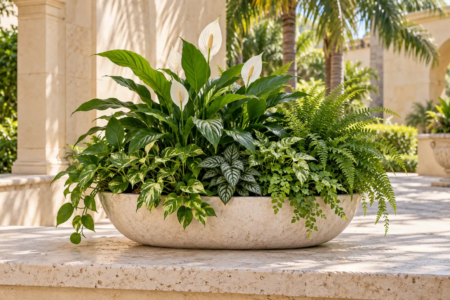 White peace lilies and mixed green plants in an oval stone dish garden