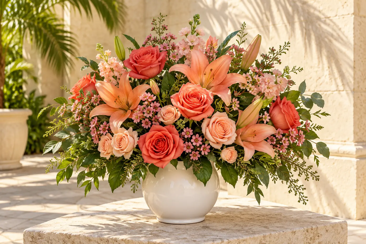 Coral roses and salmon lilies in a white ceramic vase