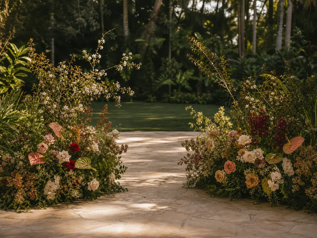 Flores de jardín que marcan la entrada a una ceremonia de boda