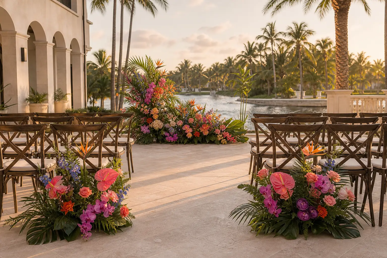 A calm tropical garden wedding ceremony with intentional florist-made flower arrangements