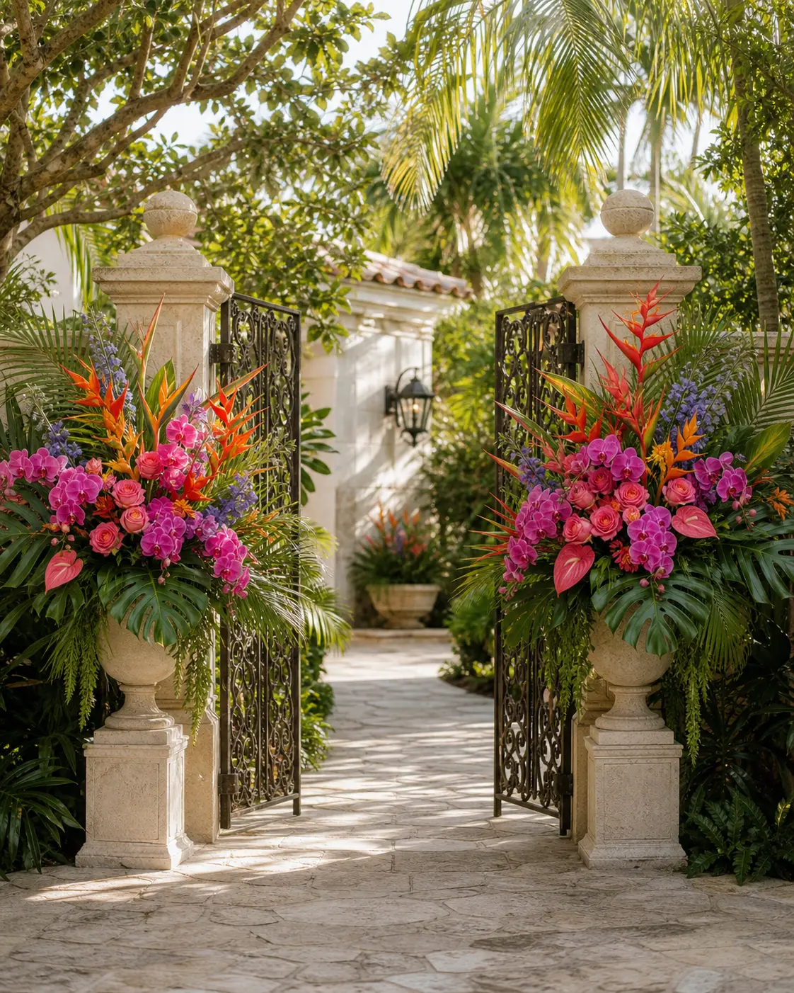 Florist-designed tropical wedding flowers framing an elegant South Florida garden entrance