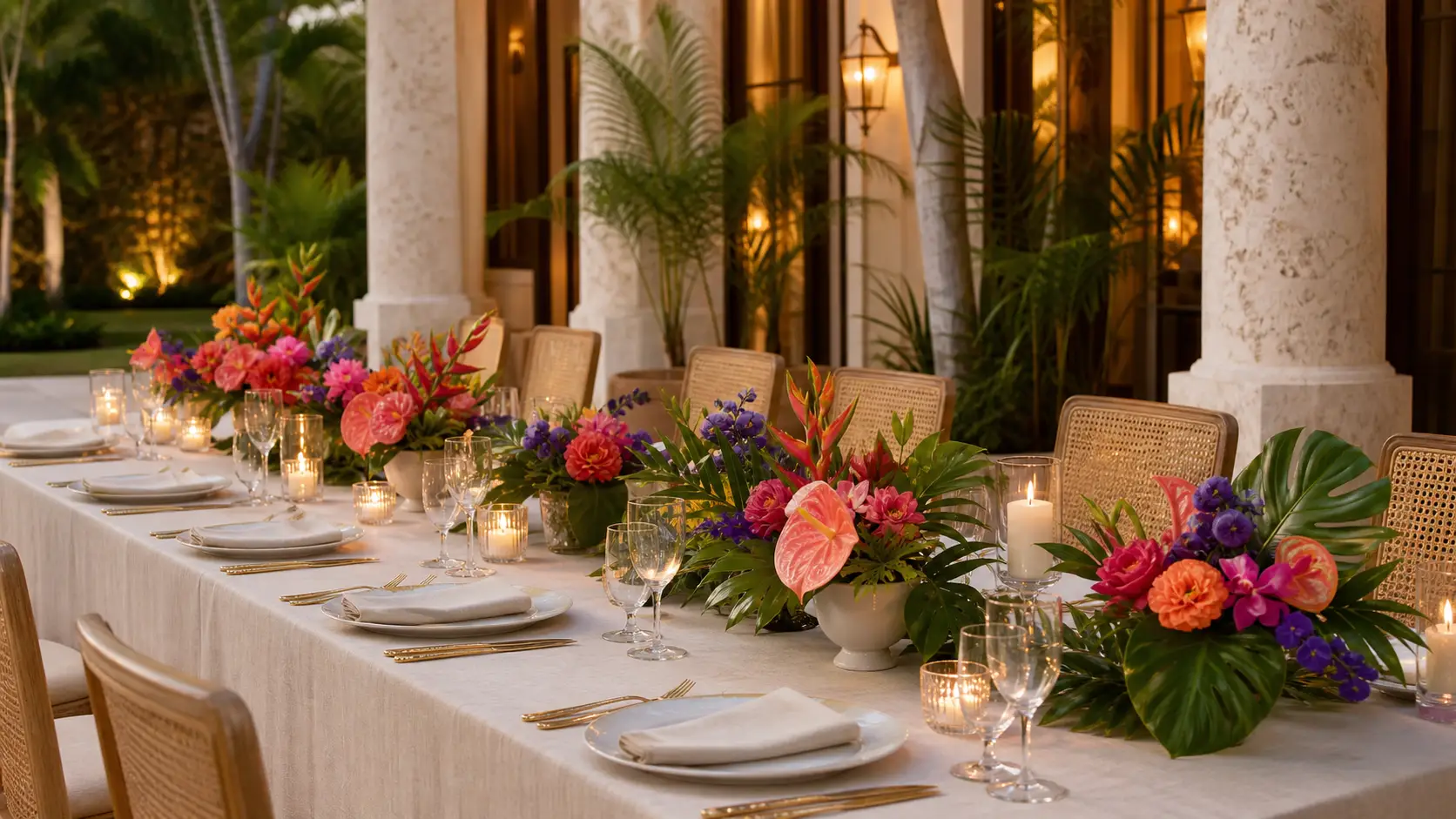 A tropical wedding table with a florist-designed centerpiece, candles, and place settings
