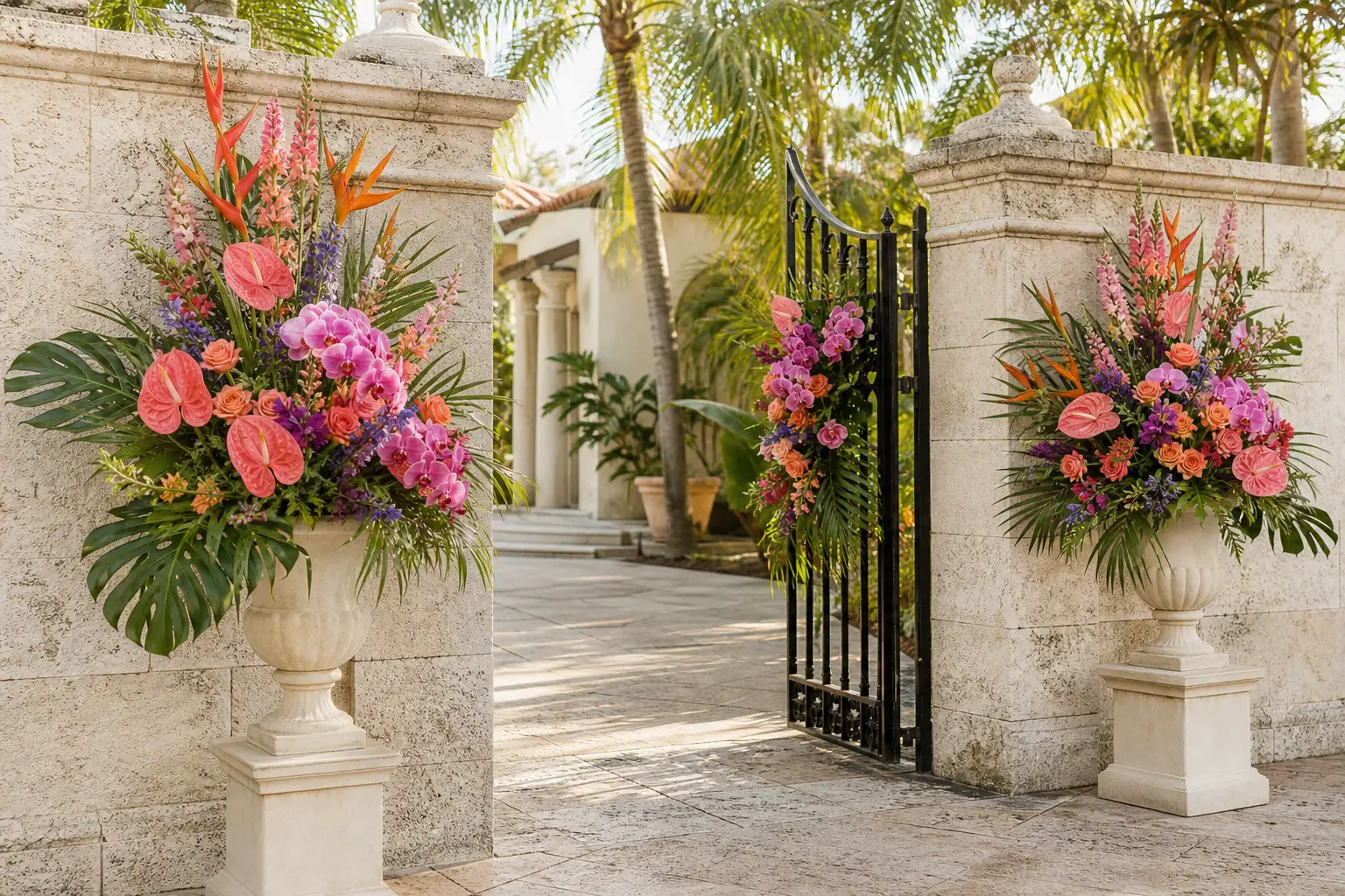 Colorful tropical flowers welcoming guests through a garden entrance