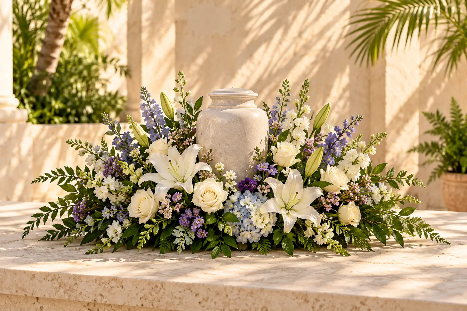 White and lilac flowers arranged around a neutral stone memorial urn on a table