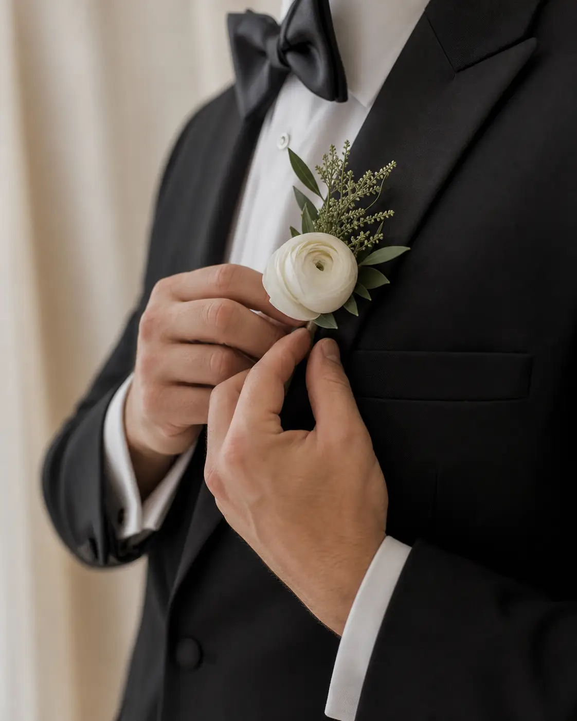 A groom wearing a white ranunculus boutonniere on a black tuxedo lapel