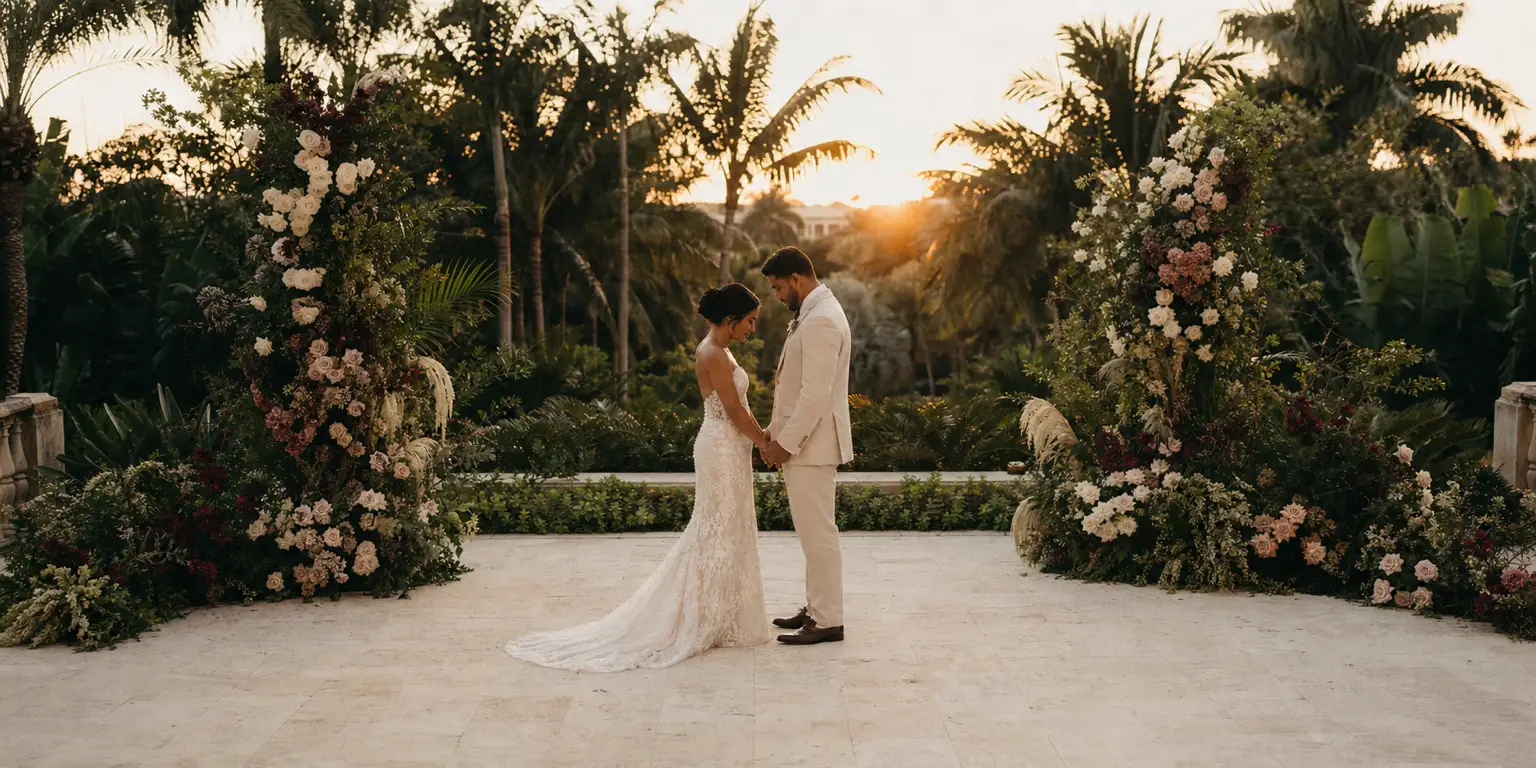 Una pareja recién casada se toma de las manos entre abundantes pilares florales en un jardín tropical