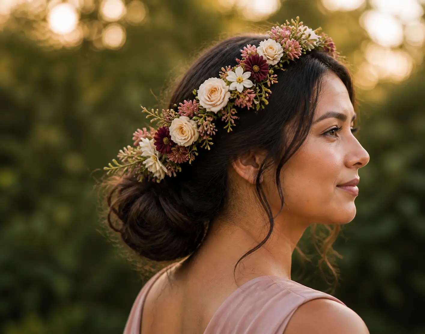 Concept portrait of an adult wearing a colorful full flower crown