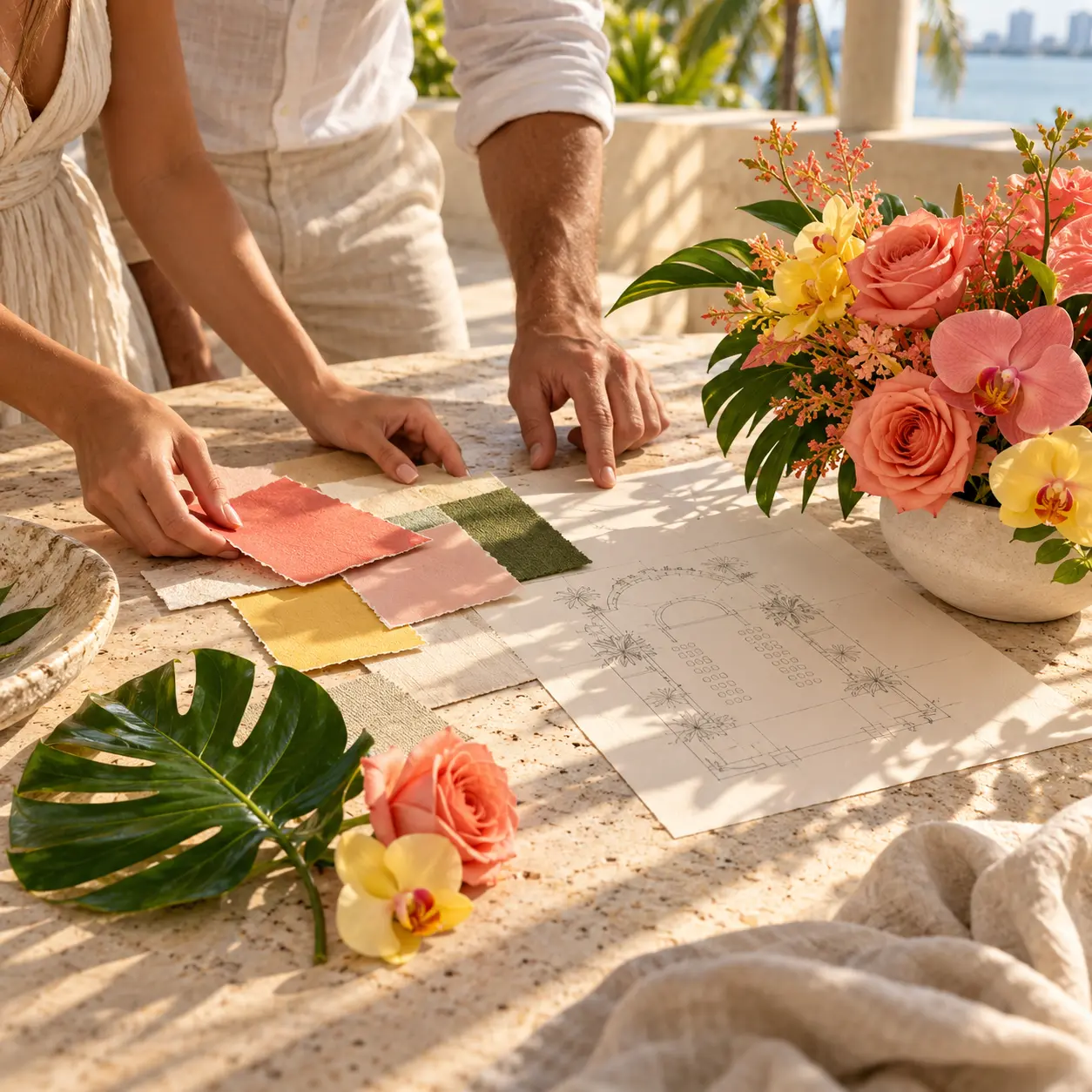 Hands arranging paper color samples beside a venue sketch and coral flowers on a sunlit South Florida terrace