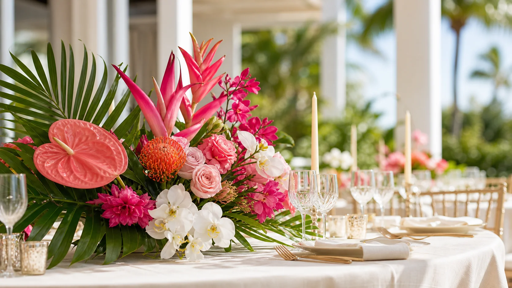 A tropical floral centerpiece on an elegant reception table