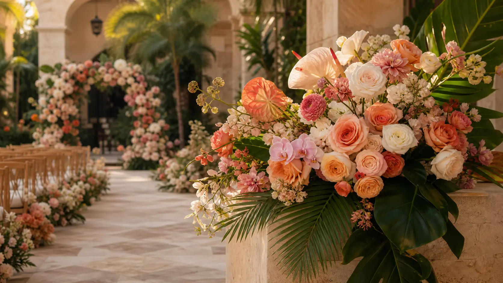 A tropical floral setting for a wedding ceremony in a sunlit South Florida courtyard