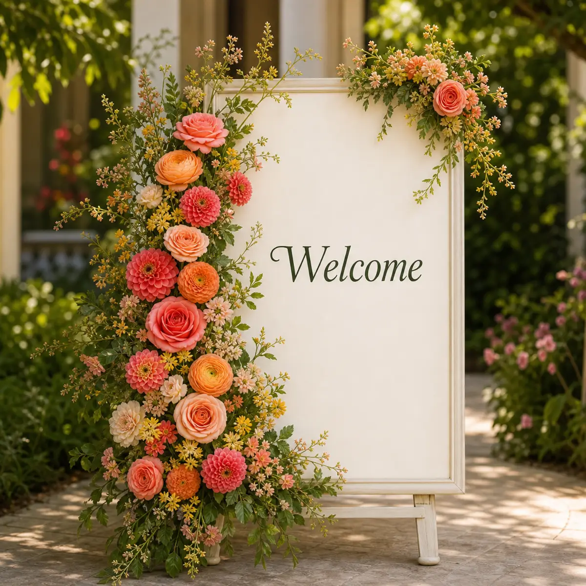 A welcome sign framed asymmetrically with fresh colorful garden flowers