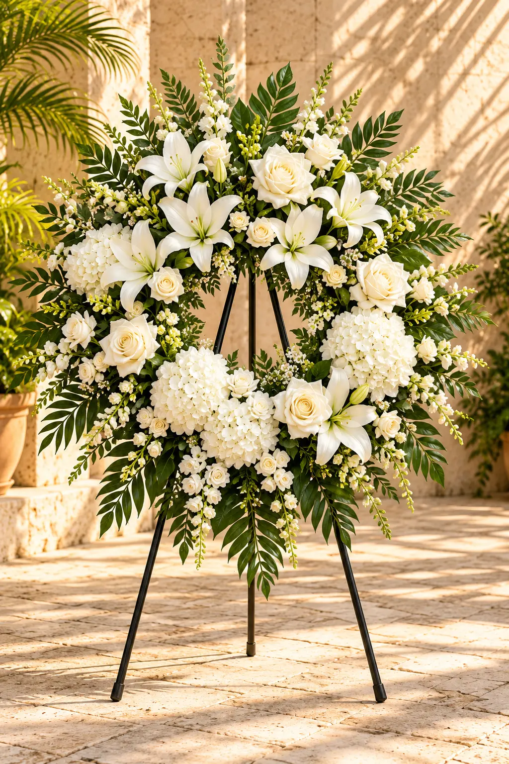 A circular wreath of white roses, lilies and hydrangeas with greenery on a complete black easel
