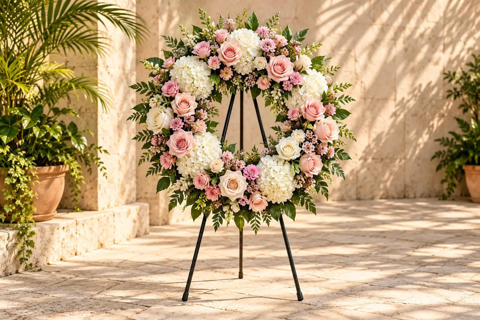 A complete pink and ivory floral wreath on a black easel